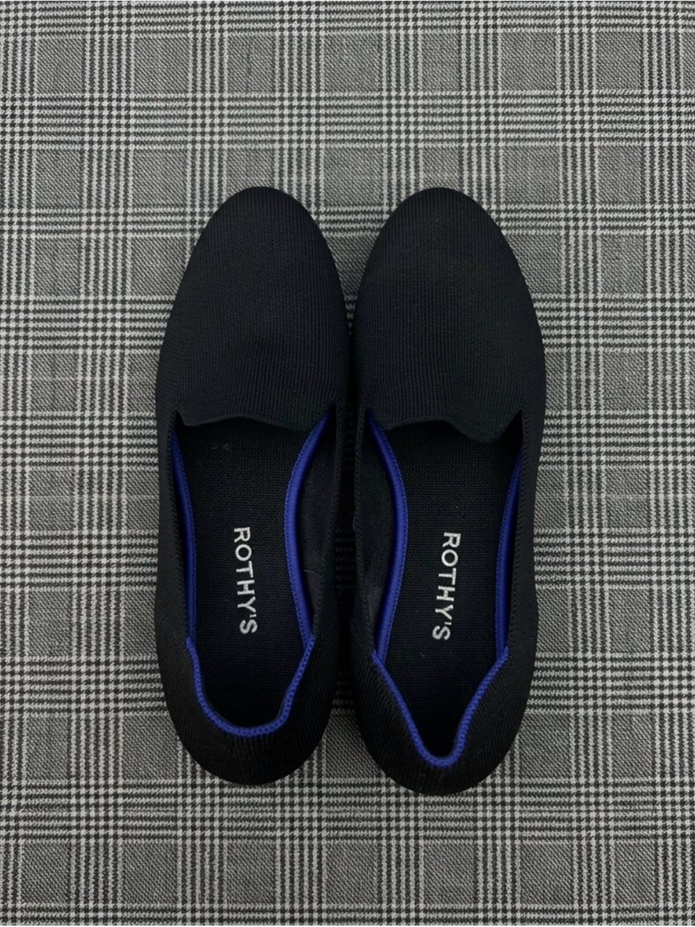 Rothy's Black Slip-On Loafers with Blue Trim